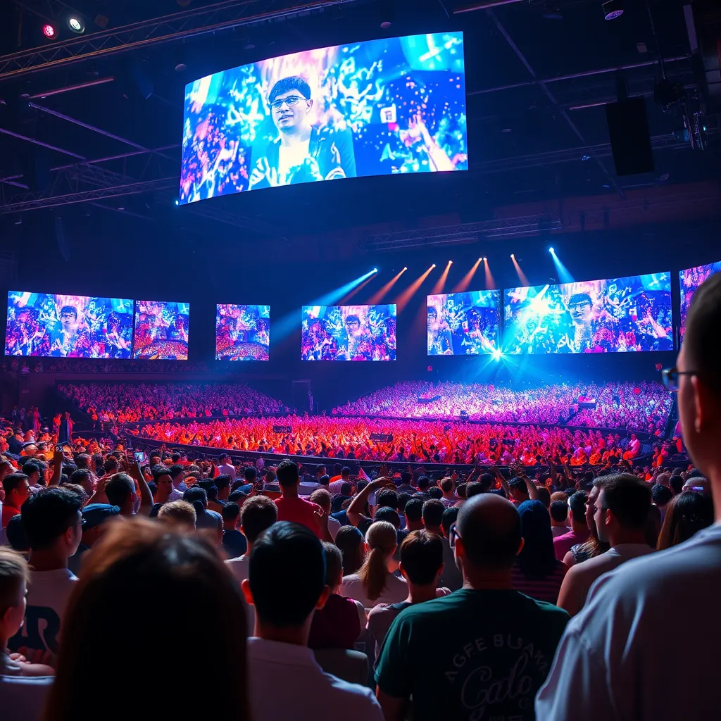 An engaging image showing a concert with a large in-person audience and a vibrant virtual audience visible on screens. The stage is set with bright lights, and the atmosphere is lively, highlighting the seamless integration of live and digital elements, creating an inclusive environment.