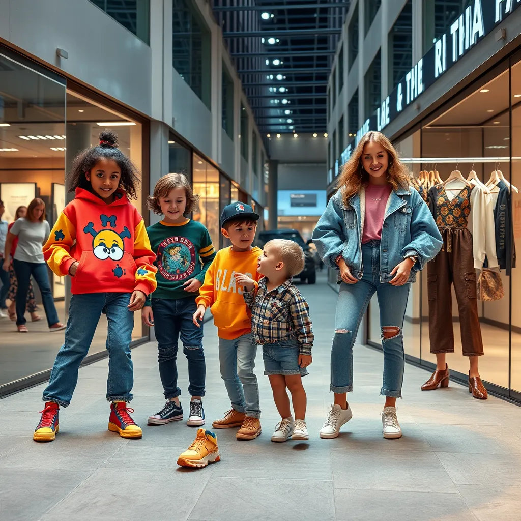 An engaging scene depicting a dynamic social media setup with influencers promoting fashion. One influencer is showcasing vibrant kids' clothing with children playing around, while another displays trendy adult outfits in a chic urban environment. Include visible social media icons and hashtags in the background.