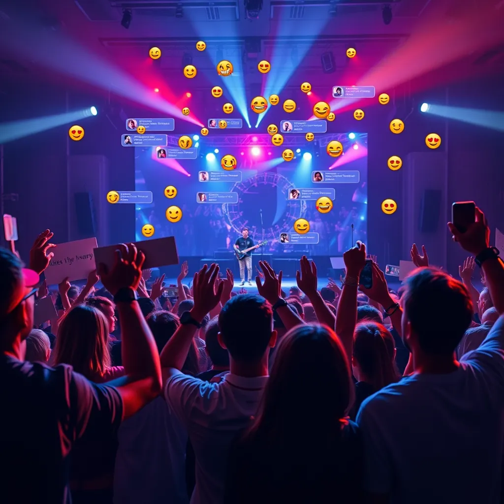 An engaging scene of fans interacting during a live-streamed concert, with comments and emojis floating around the digital screen. Show a diverse group of fans sharing their excitement, holding signs, and creating a lively, communal atmosphere, illustrating the blend of physical and virtual engagement.