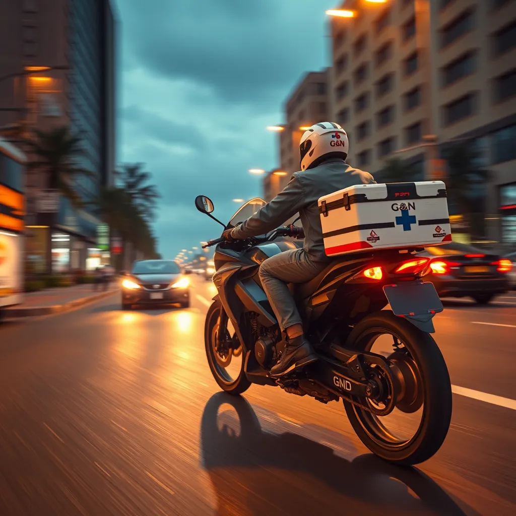 An image capturing a G&N delivery motorcycle speeding through a city street at dusk. The rider, in a well-fitted uniform with helmet, carries a secure medicine box attached to the motorcycle. The scene is under the glow of streetlights, creating dramatic side lighting that highlights the urgency. The color palette consists of warm oranges and cool blues to evoke a sense of urgency and reliability. The camera angle is low and dynamic, emphasizing speed and movement. The road's texture is wet, reflecting the city lights, adding a touch of realism. Background elements include blurred buildings and light trails from passing cars. The style is inspired by action photography, focusing sharply on the motorcycle and rider, rendered in 8K resolution for hyperrealistic detail.