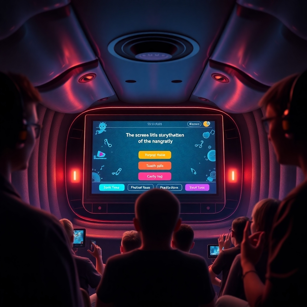  An immersive audiobook interface showcasing interactive elements. Include a screen displaying a playful quiz related to the storytelling, with vibrant buttons and visuals. Surround it with listeners engaged in the experience, illustrating a blend of audio and interactivity.