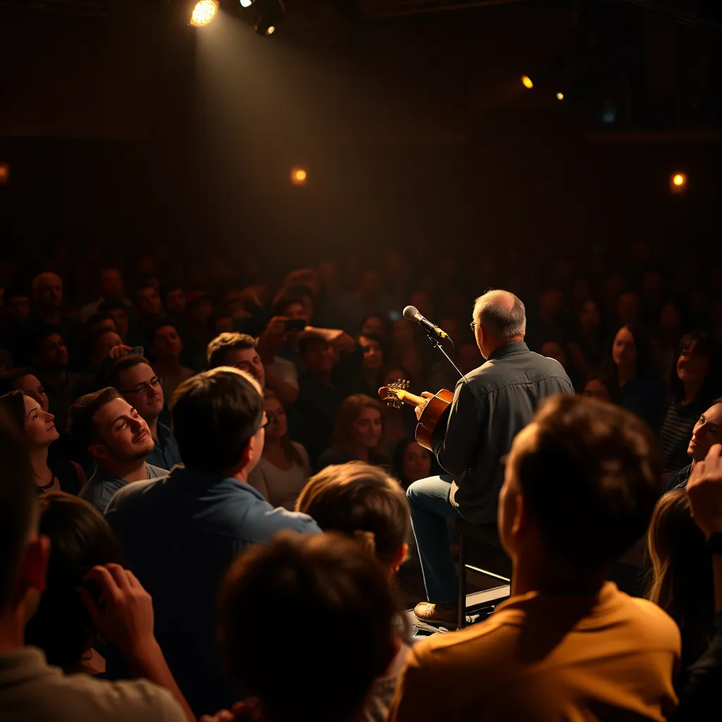 An intimate setting with a solo acoustic performer on stage, passionately playing for an enthralled audience. The crowd is captivated, some with eyes closed, others recording the moment. The warm light highlights the connection between the musician and the audience.