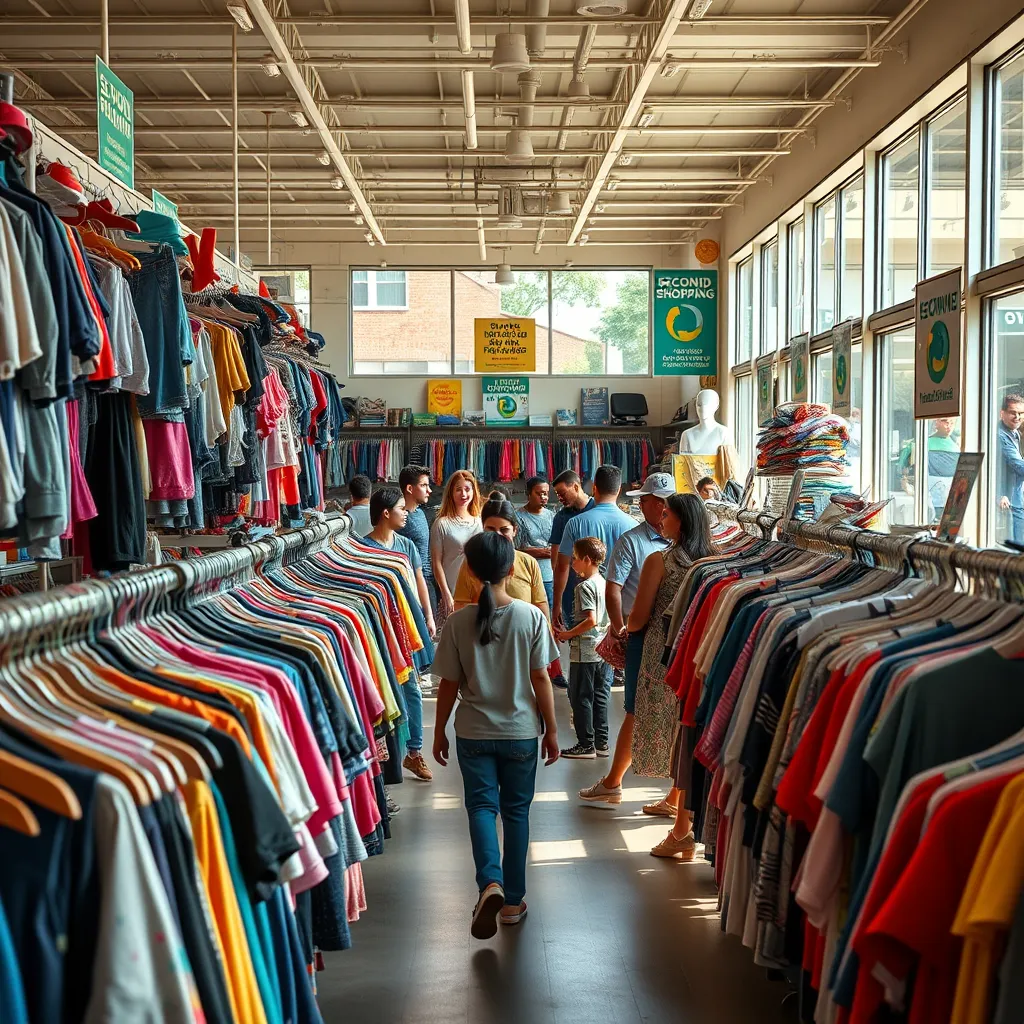 An inviting thrift store filled with racks of colorful, gently-used kids and adult clothing. Customers of diverse backgrounds happily browsing, with sunlight streaming through large windows, and signs promoting sustainability and second-hand shopping prominently displayed.