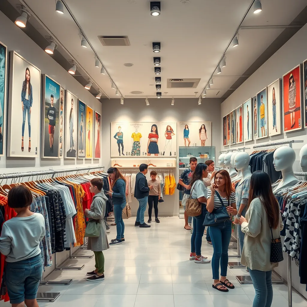 An organized boutique displaying a mix of kids and adult clothing. The walls are adorned with trendy fashion posters, and mannequins showcase stylish outfits. A diverse group of customers of various ages shop and browse, reflecting current fashion trends.