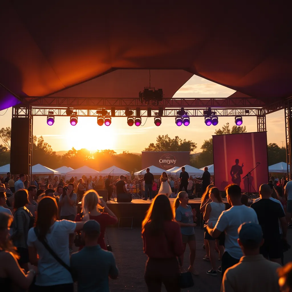 An outdoor event featuring a live band playing on a beautifully staged platform. The audience is captivated, with some people dancing and others cheering, as the sunset casts a golden glow over the entire scene, creating a magical ambiance.