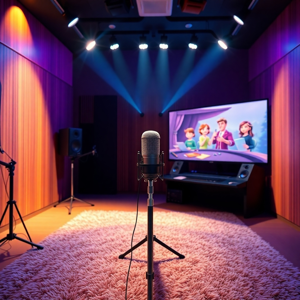 Create a hyperrealistic, ultra-high-quality header image showcasing the concept of audiobooks blended with video animation. The focal point should be a sleek, modern studio environment where a voice artist is seen recording in front of a high-tech microphone, with animated avatars of characters hovering around them. The lighting should be warm and inviting, with soft spotlights highlighting the artist while creating a magical atmosphere. Use a vibrant color palette featuring blues, purples, and golds to evoke creativity and imagination. The camera angle should be slightly elevated, giving a perspective that conveys depth and the feeling of being in the studio. Incorporate textured details like wooden sound panels on the walls and a plush rug on the floor to add warmth. In the background, show a large screen displaying animated scenes from popular audiobooks to reinforce the connection between audio and visual storytelling. Style references include cinematic realism and digital art integration. The image should be in 8K resolution, hyperrealistic, capturing the essence of modern storytelling through technology., ultra high resolution, photorealistic, 8K, hyperdetailed, cinematic lighting