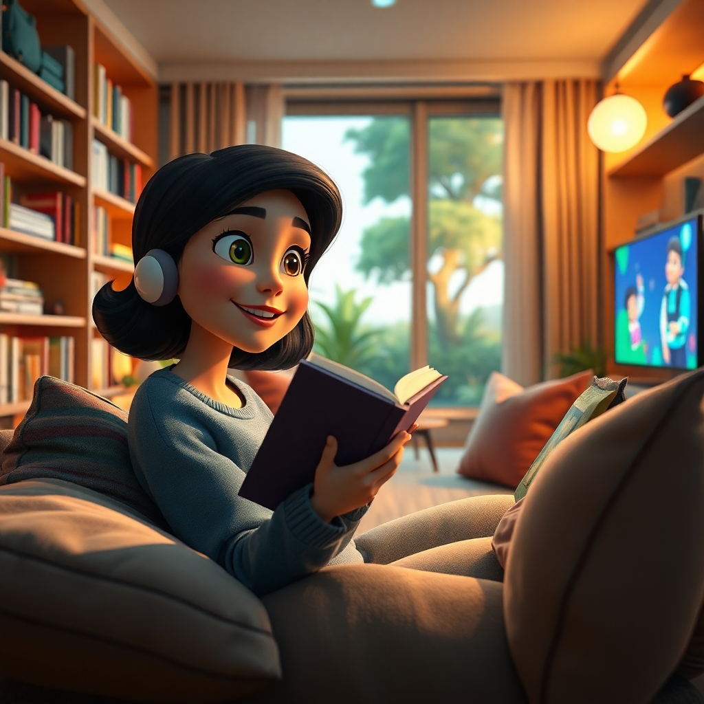 Create a photorealistic and ultra-high quality image featuring an animated storytelling scene. In the foreground, an engaging female avatar, lively and expressive, listens intently to an audiobook, her eyes sparkling with wonder. She sits in a cozy, modern reading nook filled with plush cushions and bookshelves, gently illuminated by warm, soft diffused lighting. The color palette should merge inviting shades of teal and beige, creating an inviting mood. In the background, futuristic digital screens display vibrant animated sequences depicting scenes from the audiobook, conveying action and emotion. A subtle hint of nature can be seen through a window, with a serene garden outside. The camera angle is slightly low, looking up at the scene, enhancing the viewer's sense of immersion. Include details like the textured fabrics of the cushions and realistic lighting reflections on the screens. Style reference: hyperrealism. Technical specifications: 8K resolution, ultra-detailed.