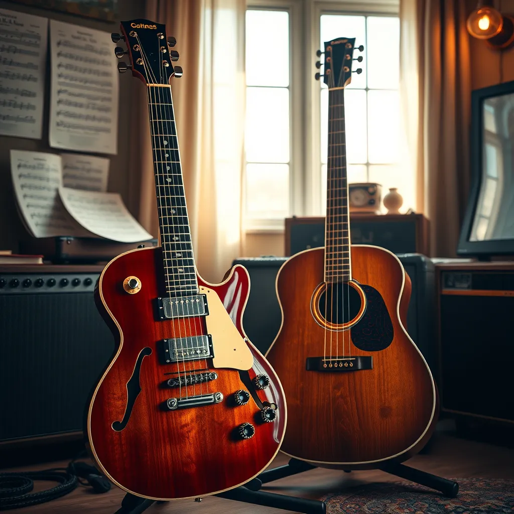 Create a photorealistic header image showcasing a beautiful, custom electric and acoustic guitar displayed prominently in a cozy, well-lit music studio. The guitars are angled towards the viewer, highlighting their glossy finishes and intricate details, like custom inlays and unique wood grains. Soft, warm lighting pours in from a nearby window, casting gentle shadows and creating an inviting atmosphere. Use a color palette that incorporates rich browns, deep blues, and metallic accents to evoke a sense of craftsmanship and artistry. Position the camera at a slight angle above the guitars, giving a bird's-eye view that captures the totality of the setup. Include textures like polished wood and brushed metal to add depth. In the background, incorporate subtle elements such as music sheets, a vintage amplifier, and soft-focus lights, enhancing the musical ambiance. Style references should include hyperrealism, with a focus on capturing every detail. Ensure the image is in 8K resolution for maximum clarity and impact., ultra high resolution, photorealistic, 8K, hyperdetailed, cinematic lighting