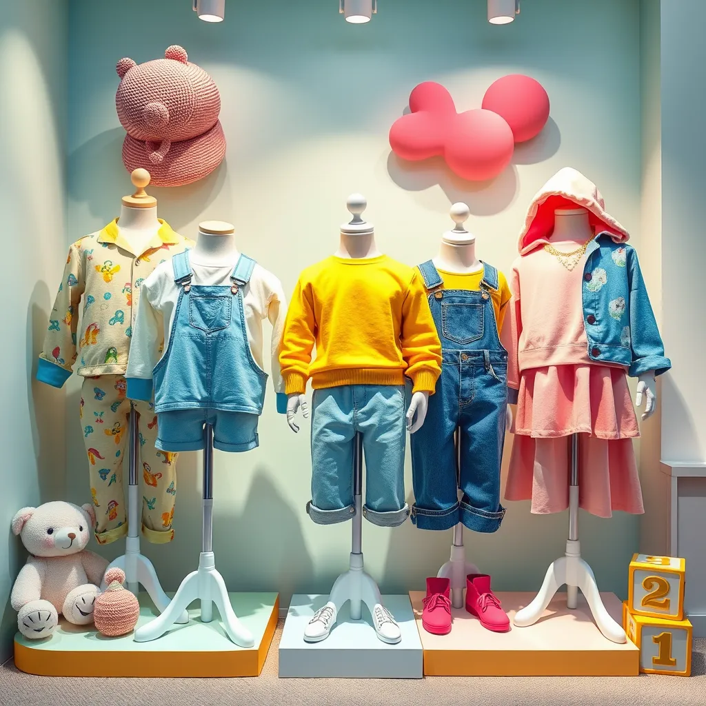 Create a photorealistic image of a colorful kids' clothing display showcasing a variety of trendy outfits for boys and girls aged 2 to 12. Arrange the clothes on whimsical mannequins against a soft pastel backdrop, featuring playful patterns and bright colors such as sky blue, sunny yellow, and cheerful pink. Use soft diffused lighting to enhance the vividness of the colors, creating a joyful and inviting mood. The camera angle should be slightly overhead, focusing on the outfits while including some of the surrounding playful decor, like stuffed animals and toy blocks. Add textures such as cotton and denim to illustrate the fabric details clearly. As a style reference, consider children's fashion photography with an emphasis on natural, lively presentation. The image should be in 8K resolution, hyperrealistic, and ultra-detailed, capturing the essence of a delightful children's clothing store.