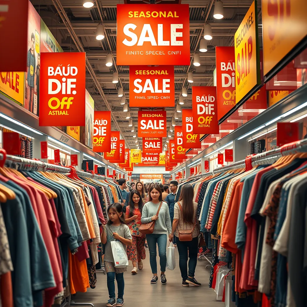 Create a vibrant scene depicting a seasonal sale event at a clothing store with colorful banners announcing discounts and special offers. Visualize racks of clothing filled with stylish outfits for both kids and adults, all marked with bright sale tags in eye-catching hues like red and orange. Use warm, cheerful lighting to create an inviting atmosphere, giving the space a lively and bustling feel. The perspective should be a bustling street-level view, capturing enthusiastic shoppers browsing the clothing racks. Add elements like shopping bags, promotional posters, and friendly staff engaging with customers. Incorporate textures of fabric and paper to enhance the visual interest. Take inspiration from lively retail marketing photography that emphasizes excitement and community. The image should be rendered in 8K resolution, hyperrealistic, and ultra-detailed, encapsulating the thrill of a seasonal shopping event.
