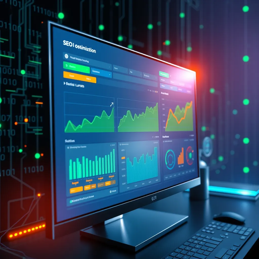 Create an illustrative scene representing automated SEO optimization by AI. The image shows a digital dashboard with real-time analytics and graphs. Dramatic side lighting highlights the intricate details of the dashboard which is displayed on a sleek, high-resolution monitor. The color palette is dominated by vibrant greens, blues, and hints of orange to show growth and progress, evoking a sense of achievement and success. The camera angle is a close-up, straight-on perspective, drawing attention to the analytics and the sharp, crisp user interface. Textures should reflect the polished, high-tech materials of the hardware and the clear, glossy finish of the screen. The background includes abstract digital elements like binary code and network connections. Render in 8K resolution with hyperrealistic details. The style should draw inspiration from modern tech advertisements, adding an ultra-detailed, professional look.