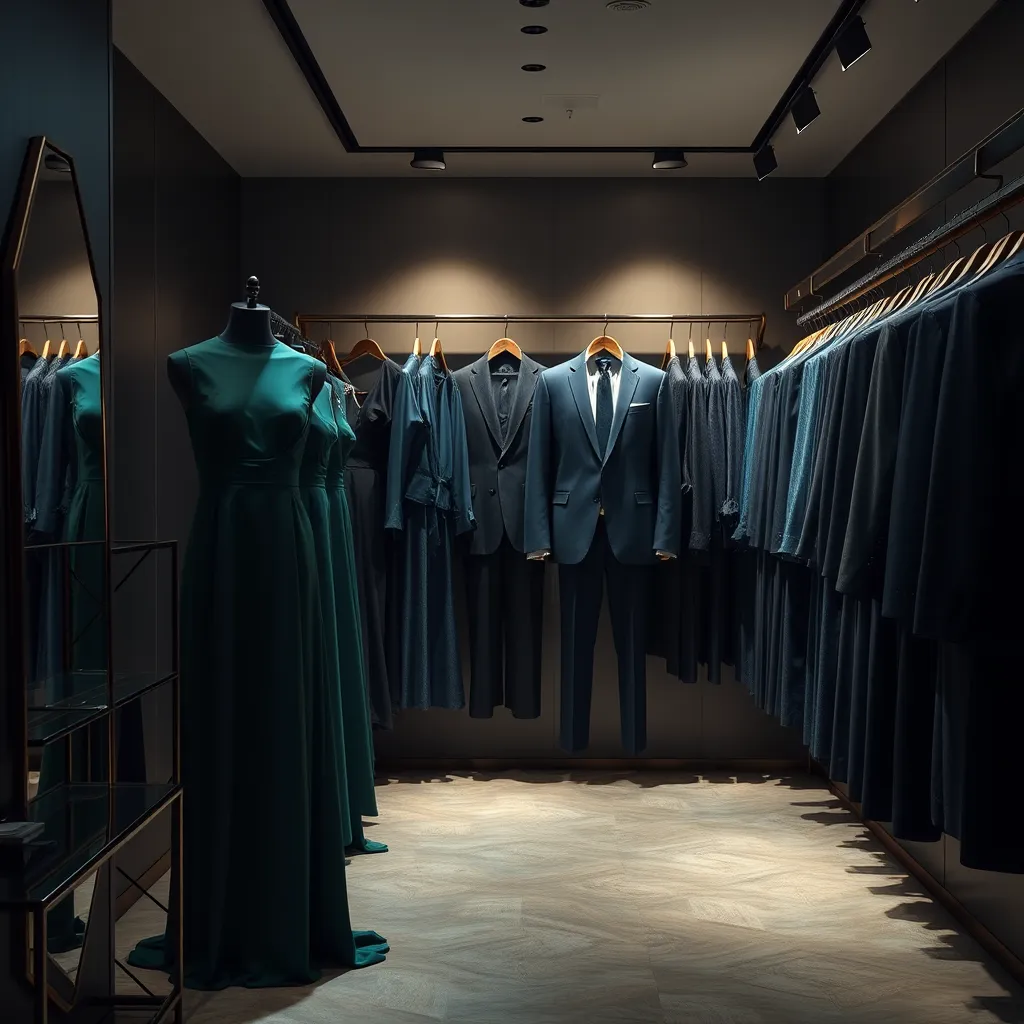 Generate a stunning visual of an elegant adult clothing display featuring a range of sophisticated outfits for both men and women. Highlight dresses in deep jewel tones like emerald green and sapphire blue, alongside tailored suits in shades of charcoal and navy. Set the scene in a luxurious boutique with dramatic side lighting that casts soft shadows, enhancing the richness of the fabrics and the overall opulence. The camera should be positioned at eye level, capturing a wide view of the clothing racks filled with exquisite textures like silk, wool, and leather. Include minimalist decor elements like sleek mirrors and stylish hangers to complement the upscale atmosphere. Reference high-fashion editorials for an added touch of sophistication. The image should be presented in 8K resolution, hyperrealistic, and ultra-detailed, showcasing the allure of refined adult fashion.