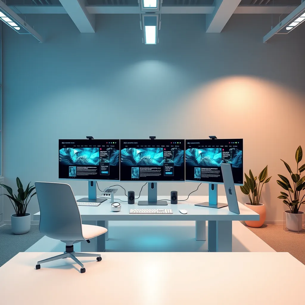 Generate an image depicting an AI-powered web design studio. The scene shows a highly modern office with sleek computer setups displaying vibrant, cutting-edge website designs. Soft diffused lighting illuminates the workspace creating a warm, inviting ambiance. The color palette consists of cool blues, clean whites, and touches of metallic accents, contributing to a futuristic yet professional mood. Capture the scene from a slightly elevated angle, emphasizing the ultra-thin monitors and their high-definition displays. The office environment includes minimalist furniture with smooth, polished surfaces, a futuristic AI assistant hologram, and potted plants for a touch of nature. Render this image in hyperrealistic 8K resolution, capturing ultra-detailed textures such as the metallic gleam of computer casings and the crisp text on the screen. Style references from artists like Gregory Crewdson for lighting and detail are recommended.