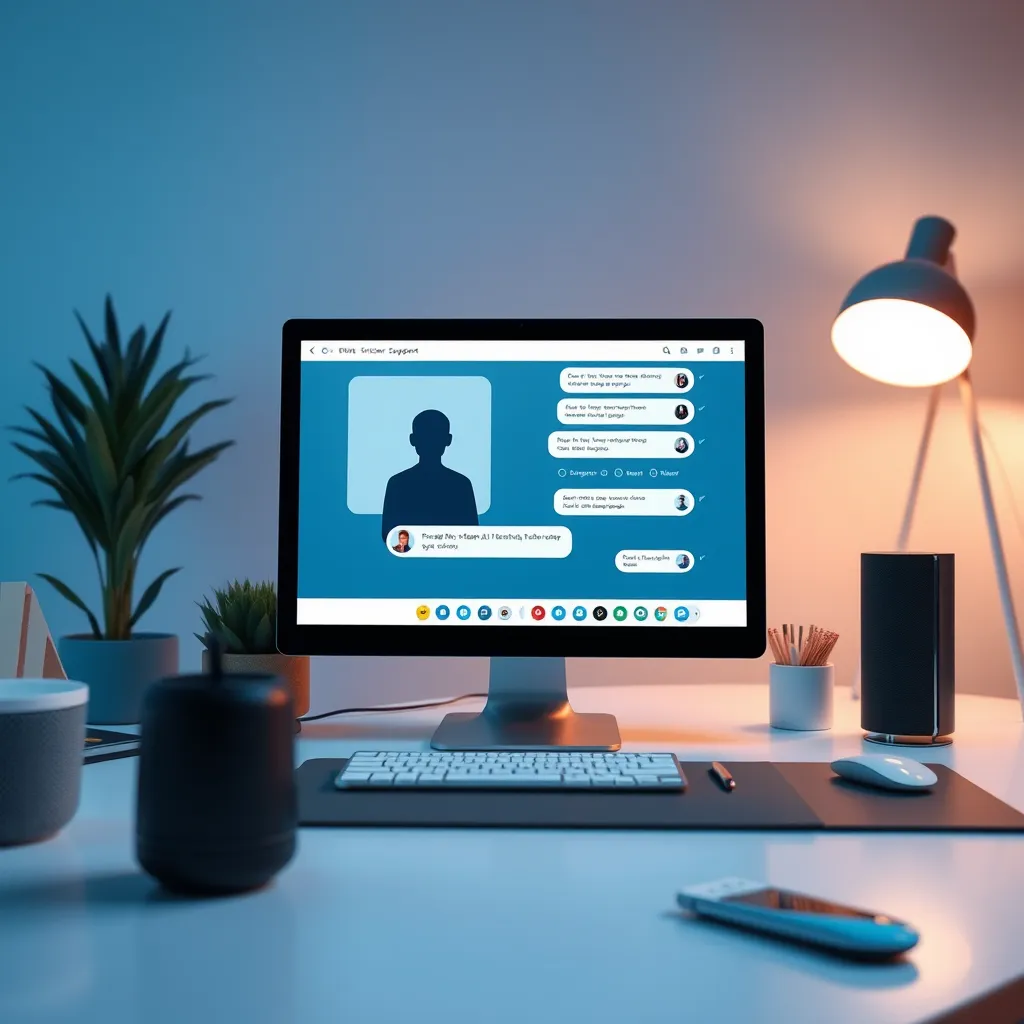 Produce an image of a virtual AI-driven customer support interface on a website. Focus on a computer or tablet displaying a sleek, modern chatbot interface having a conversation with a user. The scene is bathed in soft, ambient lighting creating a calm and professional atmosphere. The color palette features calming blues, neutral greys, and whites which symbolize trust and efficiency. Capture this from an eye-level perspective, ensuring the chatbot's interface is the main point of focus. Textures in the image should be crisp and clean with smooth gradients and polished surfaces. Elements such as ergonomic accessories, a neat workspace, and subtle tech props like smart speakers can be included in the background. Render in hyperrealistic 8K resolution, achieving ultra-detailed precision on the digital interface and surrounding objects. Draw style inspiration from high-quality tech user interface showcases, presenting a sleek, modern look.