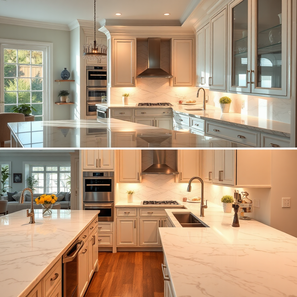 A beautifully edited image of a luxurious kitchen, showcasing gleaming marble countertops and modern appliances. The lighting creates a warm ambiance, enhancing the rich textures of the space. The image transitions smoothly between soft natural light filtering through the window and artificial lighting that accentuates the features of the home. The scene subtly transitions from a standard kitchen shot in the background to the edited, polished version in the foreground, illustrating the improvement in quality. The visual style is high-end, capturing the attention of potential buyers.