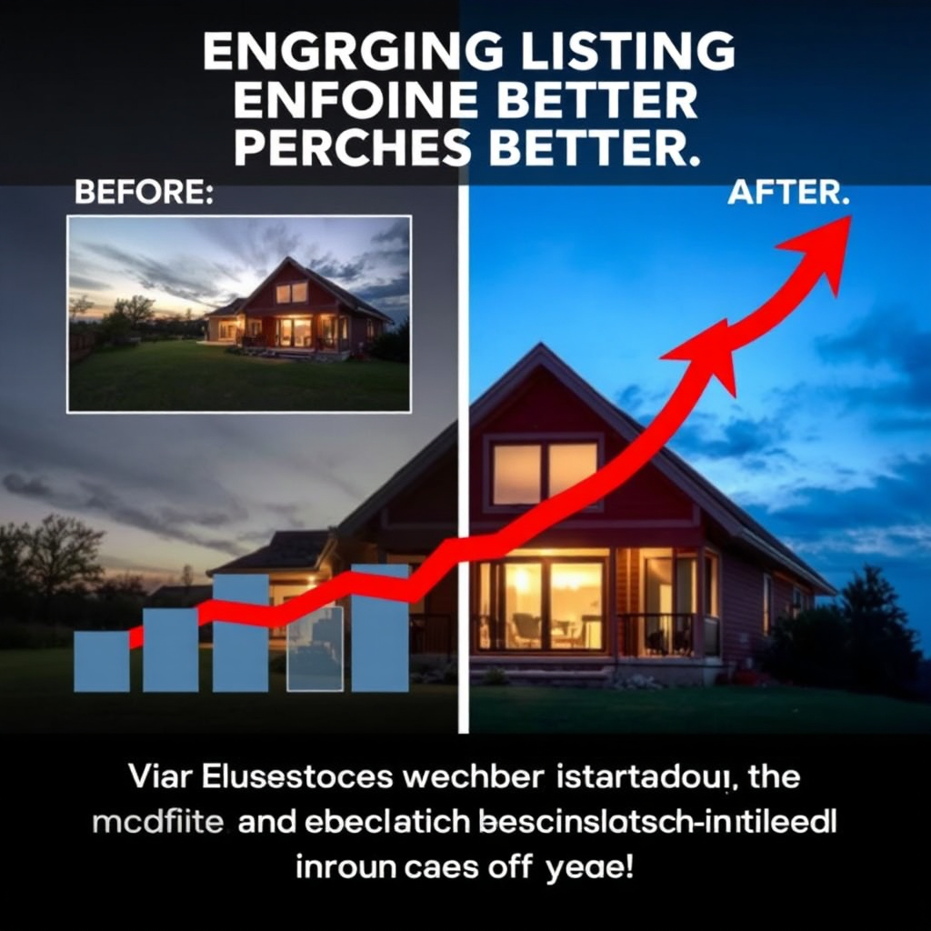 A compelling visualization of an engaging online listing performing better, indicated by rising graphic bars and statistics next to stunning property photos. The 'before' images are dull compared to the striking colors and clarity of the 'after' edits. This hyperrealistic interpretation emphasizes the significant benefits of professional photo editing over traditional methods. Dynamic movements in the image suggest increased engagement and interest from potential buyers, symbolizing the competitive advantage gained through refined visuals.