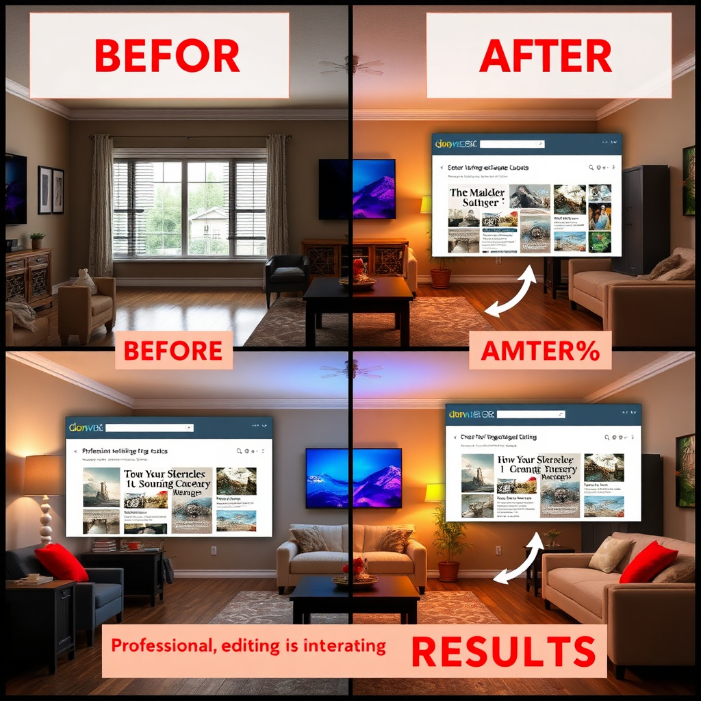 A dramatic before-and-after split image: on one side, a standard real estate photo of a living room lacking vibrancy; on the other, a professional editing version illuminating the room with enhanced color, light, and detail. Surrounding elements in the image show browser windows with increasing engagement metrics, indicating how professional editing boosts interest. The use of bright, engaging colors contrasts the dull originals, creating a compelling visual story. The overall style is polished and modern, emphasizing results.