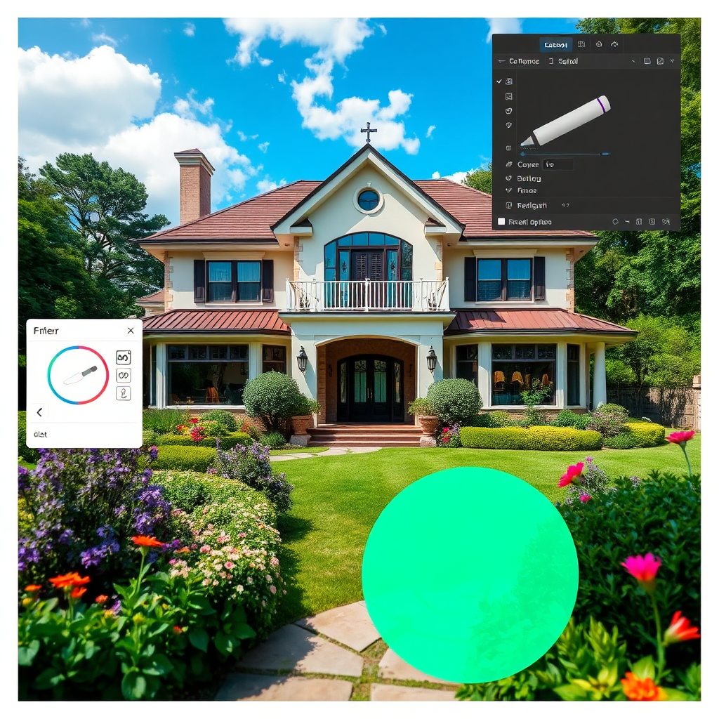 A dynamic image highlighting the retouching process on a stunning exterior shot of a house. The background features a garden being enhanced while keeping the subject intact. Various tools and layers in editing software are visible, signifying the precision involved in professional retouching. A vibrant and lively color scheme establishes the lush environment and allure of the property. This photograph conveys a sense of care and refinement that comes with expert photo editing, captured in high detail.