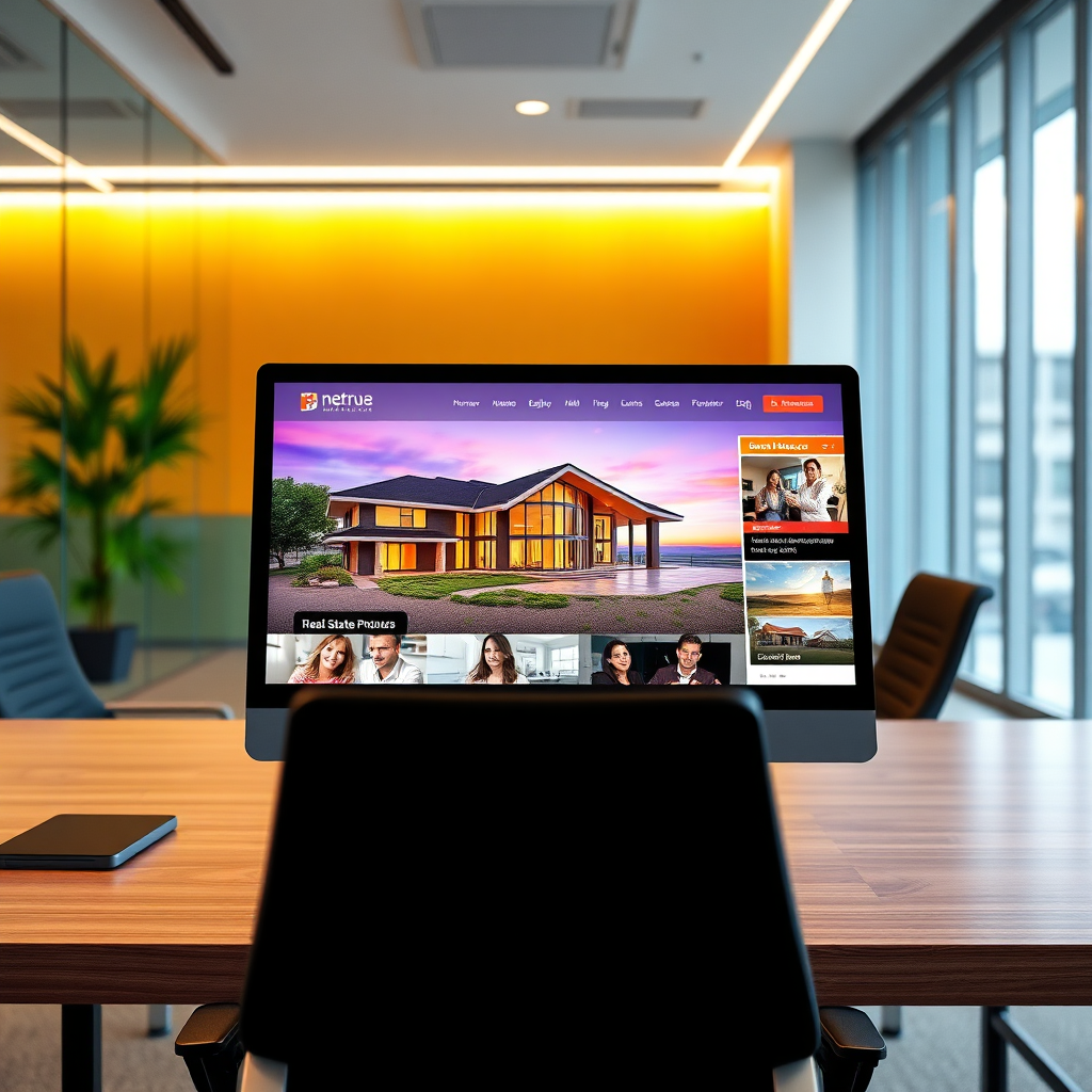A photorealistic image of a vivid real estate listing featured prominently on a stylish website interface. Bright colors and sleek design elements highlight the enhancements made to the property's photos. A comparison can be seen with the original image fading in the background, showcasing the transformative effect of professional editing. The setting is a modern office, symbolizing the digital marketing aspect of real estate sales. High dynamic range lighting ensures all details shimmer, making this image resonant with real estate agents.