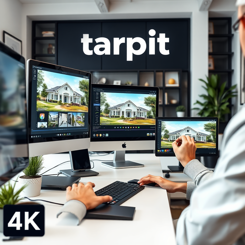 A photorealistic image representing 'Tarpit Media' features a creative workspace where skilled editors are meticulously enhancing real estate images on high-resolution monitors. The scene is well-lit, with a modern, fresh color palette of whites and soft blues. Close-up shots show the editors' hands at work, finely tuning details like color correction and brightness adjustments. The environment includes stylish office elements like plants and art, creating a productive atmosphere. The image is in 4K resolution, capturing the professionalism and dedication involved in our mission to elevate real estate listings. Include the text "Tarpit Media" in the background at the top