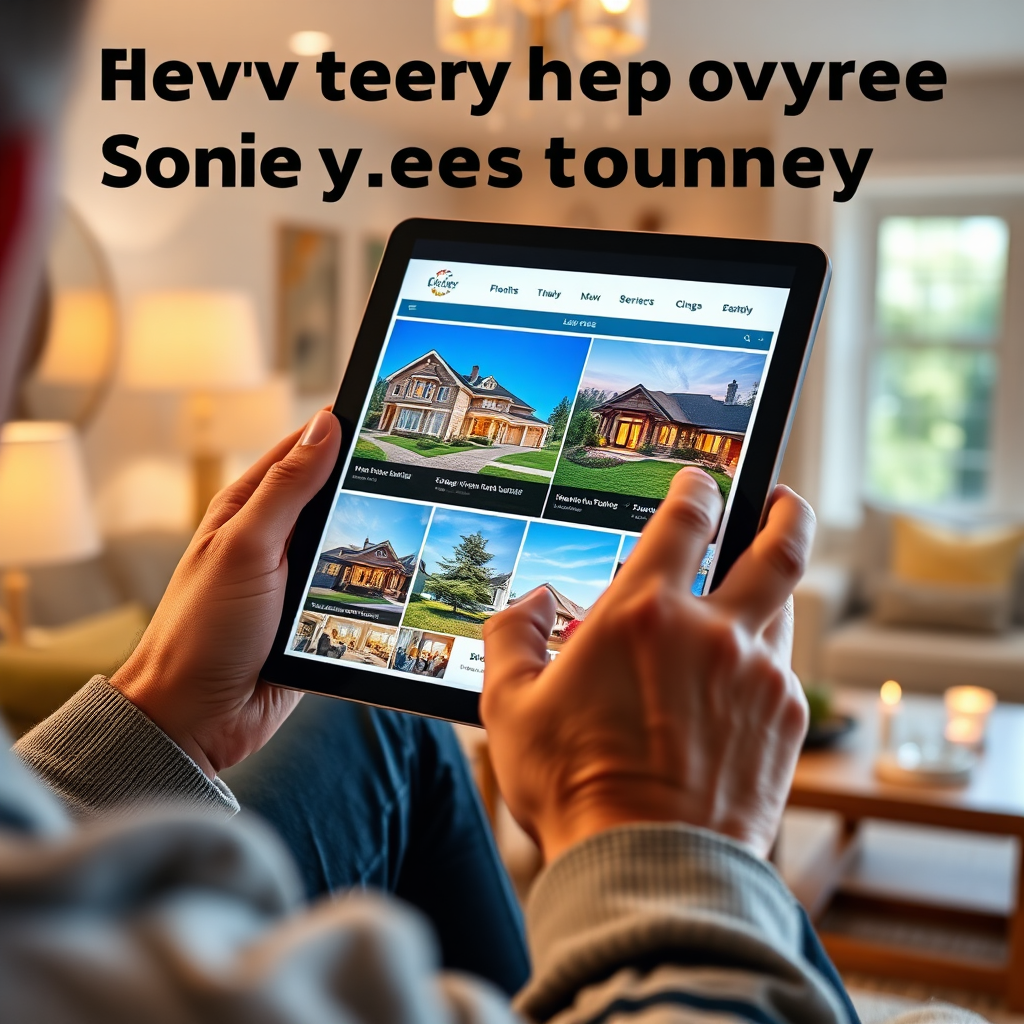 A visual representation of a buyer browsing listings on a tablet, captivated by stunning images of properties. The well-lit images on the screen showcase vibrant colors and professional edits, pulling the viewer in. The background is a cozy living space that gives context to the real estate journey. This aesthetics not only showcases the product but also reflects how compelling images drive buyers' attention. The richness in color and detail reinforces the necessity of professional editing, created in a high-quality style.