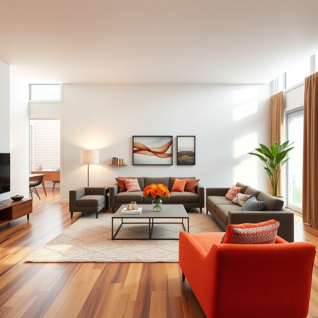 A visually engaging image of a digitally staged living room, showcasing a space that initially appears empty. The integration of modern furniture and decor via image editing creates a welcoming atmosphere. Bright lighting brings to life the textures of the furniture, while a warm color palette adds to the inviting feel. The scene conveys the effectiveness of virtual staging in real estate, making the potential of spaces vivid and appealing. This image is highly detailed, with clarity emphasizing the possibilities that professional editing unfolds.