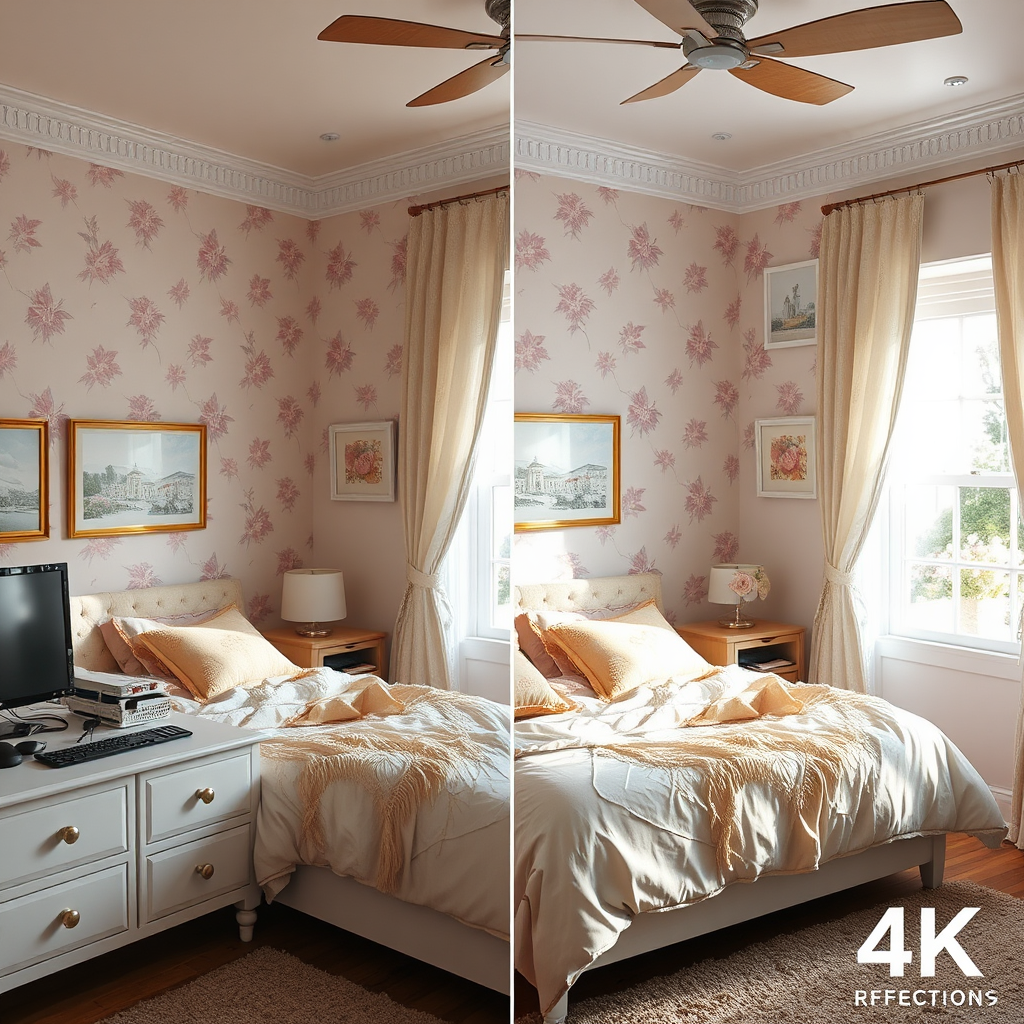 An artistic portrayal of a color correction process via computer software, featuring a split view of the before and after images of a cozy bedroom. Strategic lighting highlights the fresh adjustments made to the wallpapers and linens, showing how color impacts the ambiance of a room. A soft pastel color palette elicits feelings of calm and comfort. The workspace is filled with tools and effects that signify the detailed attention given to color correction, demonstrated in 4K resolution.