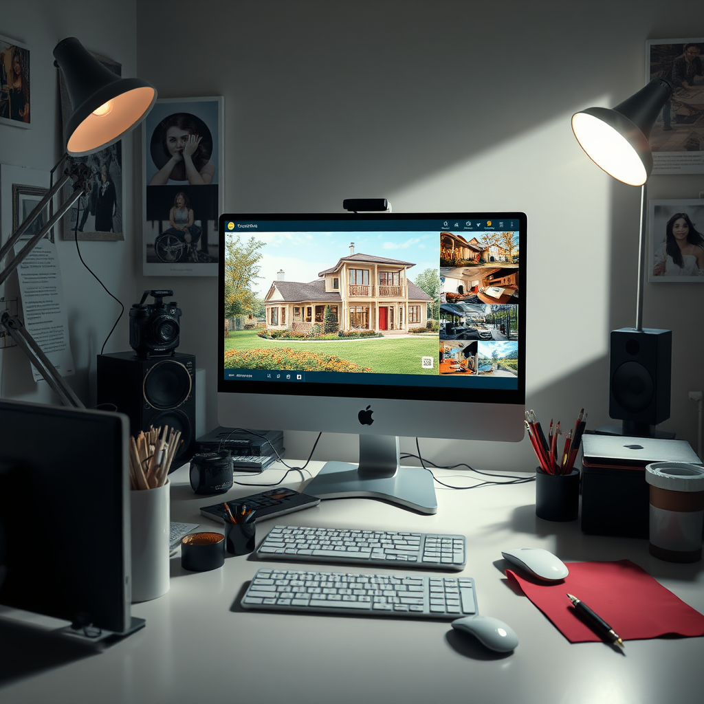 Conceptualize a vivid image of an editing workspace, showcasing a computer screen displaying beautifully edited property images, surrounded by office tools and color palettes. The lighting should be bright yet soft, reflecting a creative yet professional atmosphere. Incorporate elegant texture details in the workspace items, emphasizing both creativity and technology. Capture this scene in a visually rich manner, maintaining high quality for a polished presentation.