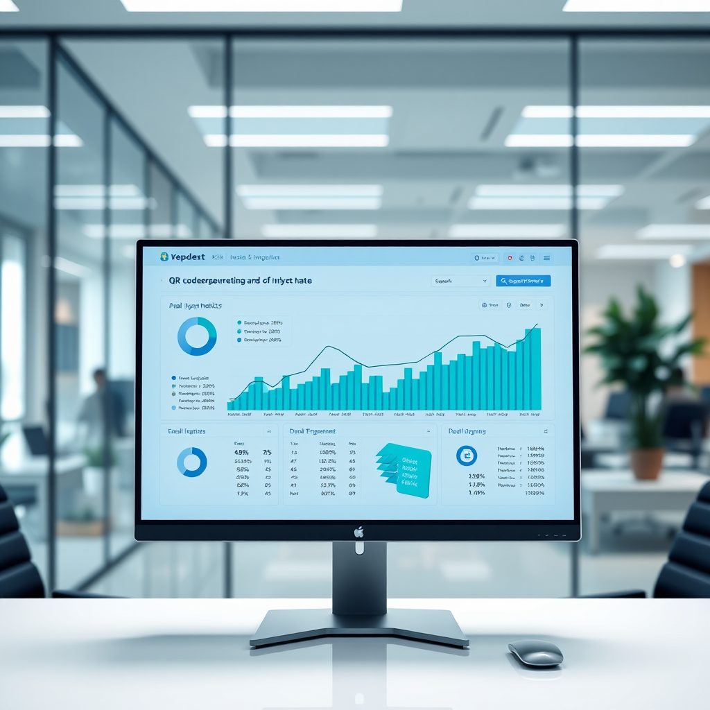 Create an inspiring visual showcasing a data analytics dashboard revealing insightful metrics on QR code engagement rates. The background should be a modern office environment, framed by a sleek computer monitor displaying the dashboard in detail. Use cool colors (blues and greens) to convey a sense of professionalism and trustworthiness, capturing the high detail needed in a 4K resolution image that signifies analysis and strategy in real estate marketing.