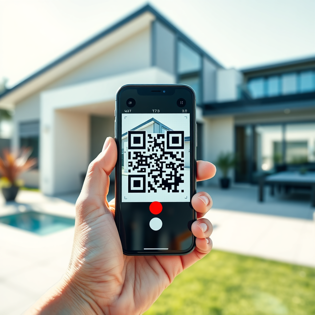 Depict a smartphone scanning a vibrant QR code in a real estate context, with a sleek, modern home in the background. The lighting should be bright and daytime, creating an inviting atmosphere. Utilize a close-up angle on the phone screen showing the scan in action, with vibrant colors of the house contrasting against the digital elements of the QR code. Ensure high-resolution detail, showcasing both the technology and the beauty of the space, producing a compelling image that speaks to innovation.
