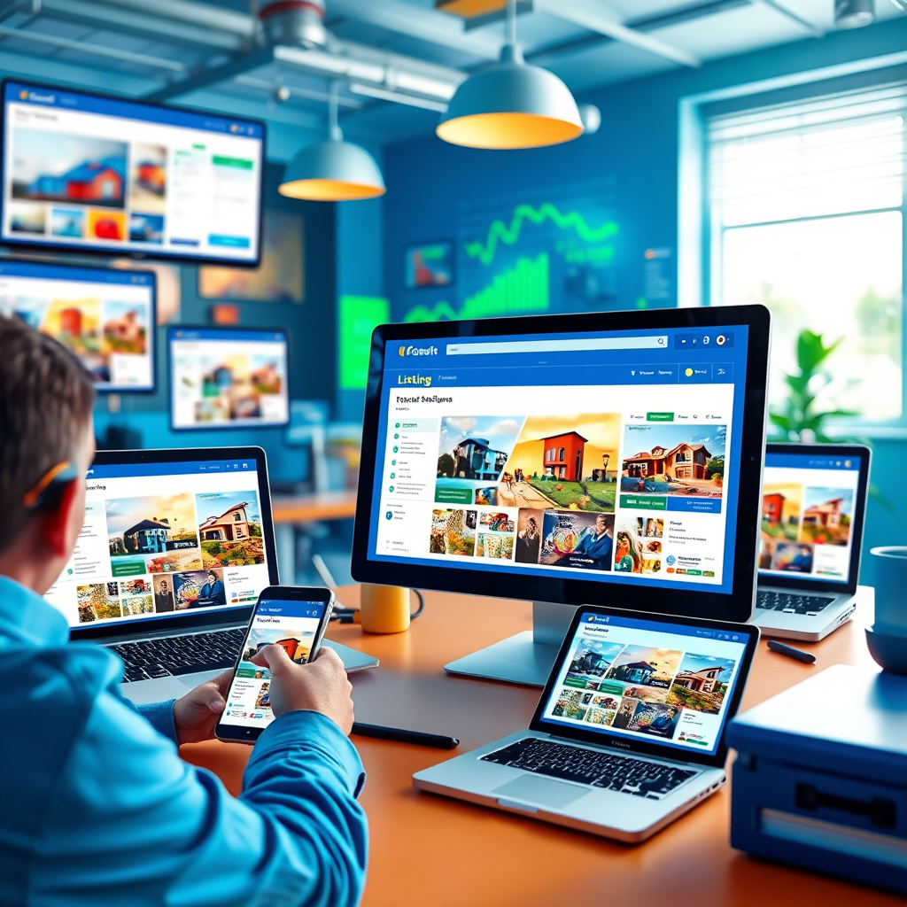 Imagine a dynamic digital marketing scene, where an agent shares their listing online across various platforms (social media, websites). The environment is lively and bright, using a mix of blue, green, and orange hues to create an energetic vibe. Include laptops and smartphones displaying various listings, with digital metrics displayed on screen to illustrate effectiveness. Capture this in a photorealistic style, ensuring clear, high-definition details that convey the hustle and excitement of real estate marketing.