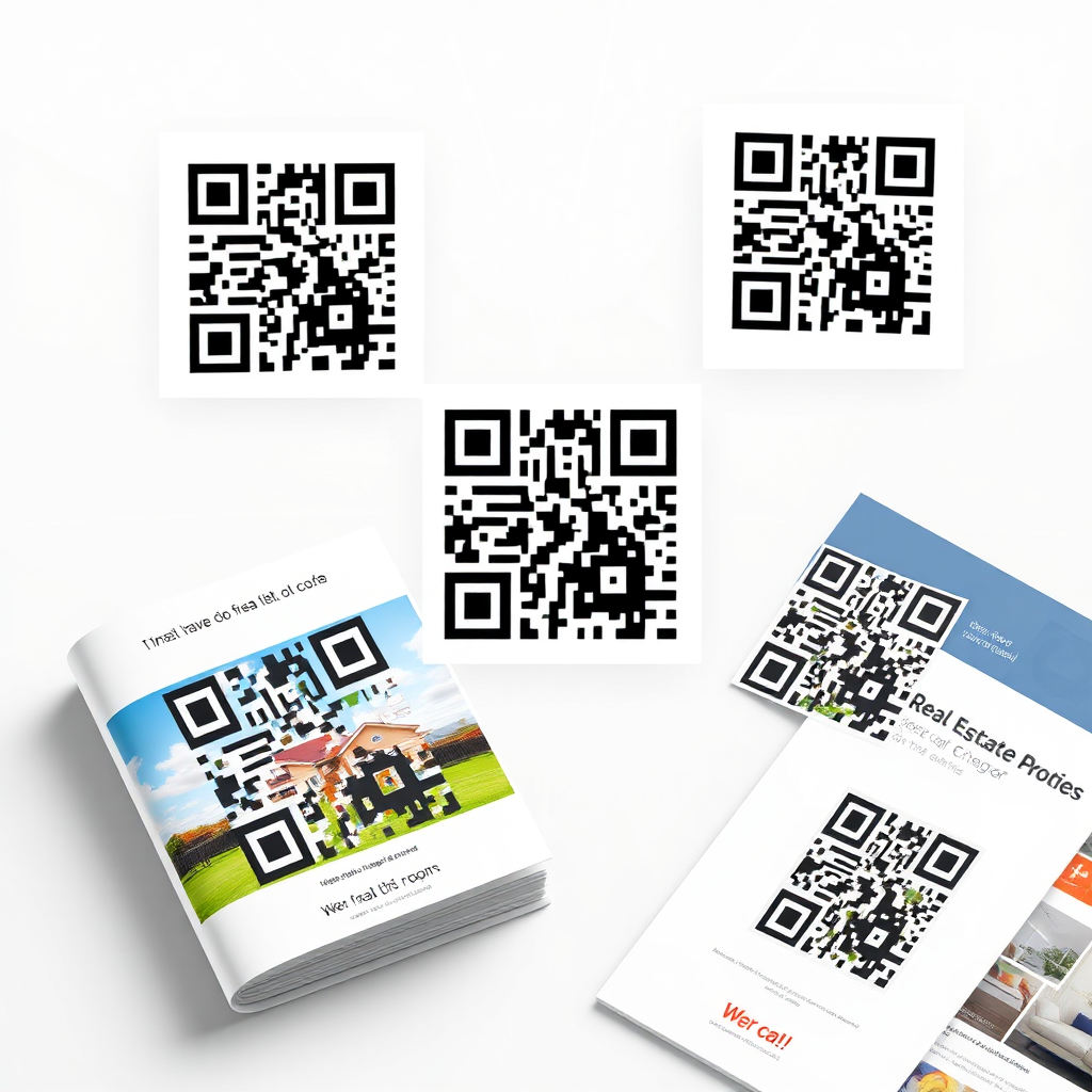Imagine a striking visual of custom QR codes designed for real estate properties, displayed on various marketing materials (brochures, web pages). The background should be a bright, modern design implying innovation. Use a clear focus on the QR codes, highlighting their integration into marketing strategies. Ensure this image is captured in high resolution to show intricate designs clearly, promoting professionalism in marketing.