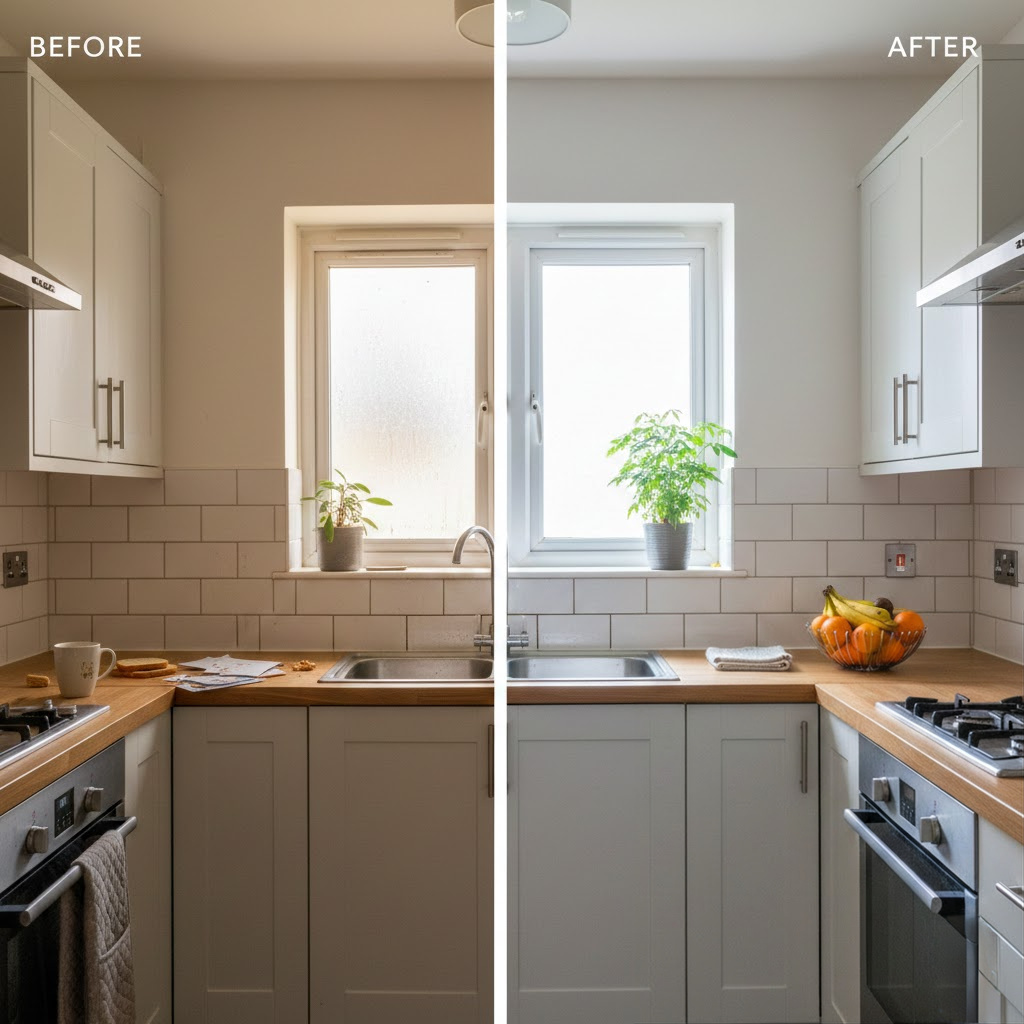 A dramatic before-and-after split image: on one side, a standard real estate photo of a living room lacking vibrancy; on the other, a professional editing version illuminating the room with enhanced color, light, and detail. Surrounding elements in the image show browser windows with increasing engagement metrics, indicating how professional editing boosts interest. The use of bright, engaging colors contrasts the dull originals, creating a compelling visual story. The overall style is polished and modern, emphasizing results.