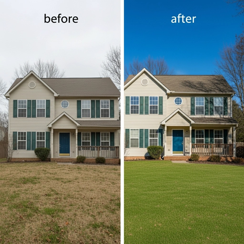 A dynamic image highlighting the retouching process on a stunning exterior shot of a house. The background features a garden being enhanced while keeping the subject intact. Various tools and layers in editing software are visible, signifying the precision involved in professional retouching. A vibrant and lively color scheme establishes the lush environment and allure of the property. This photograph conveys a sense of care and refinement that comes with expert photo editing, captured in high detail.