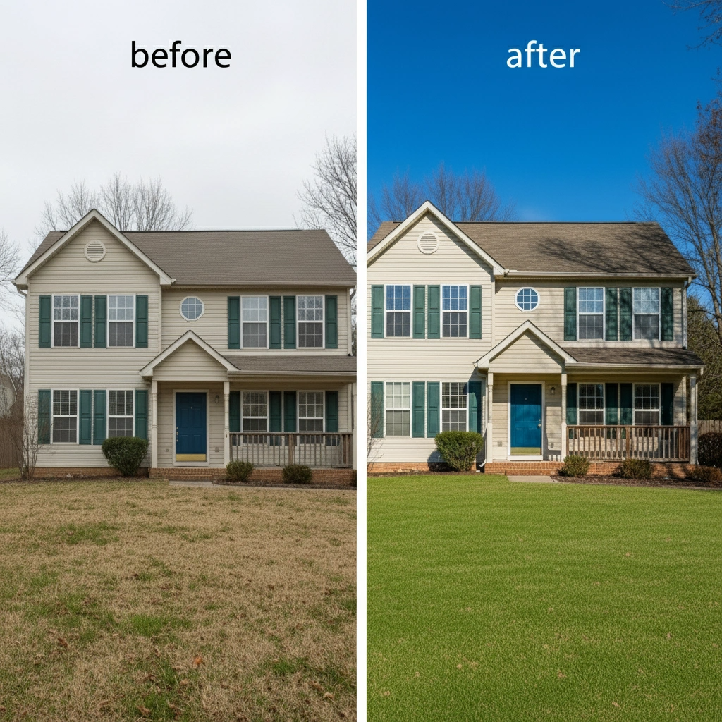Visualize a striking side-by-side comparison of a mundane property image and an expertly edited one, showcasing brilliant color enhancements and professional edits. The setting should be neutral, emphasizing the transformation. Use bright, engaging lighting to draw the viewer's attention, ensuring clarity in both images. The background can feature subtle gradients to enhance focus on the properties themselves. Aim for a detail-rich photorealism, ensuring the final image looks enticing and polished, suitable for high-end marketing materials.