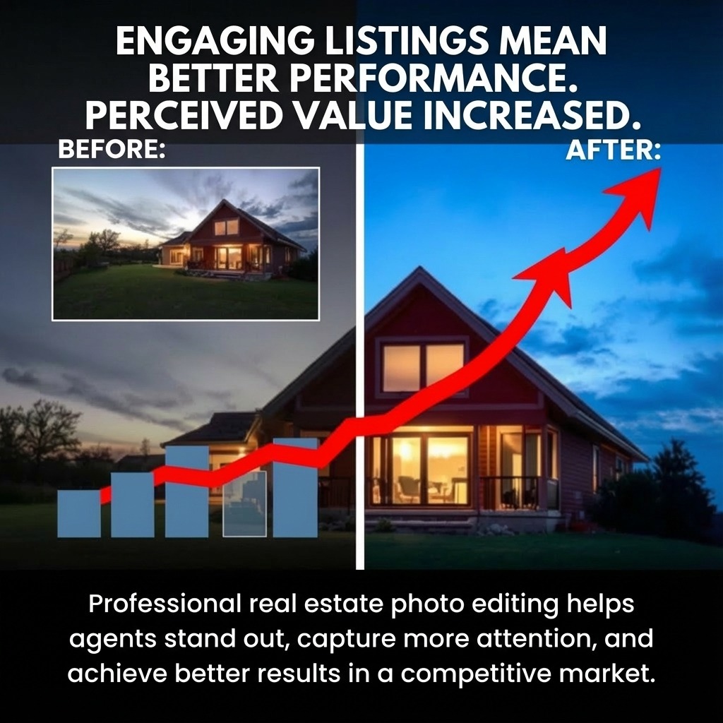 A compelling visualization of an engaging online listing performing better, indicated by rising graphic bars and statistics next to stunning property photos. The 'before' images are dull compared to the striking colors and clarity of the 'after' edits. This hyperrealistic interpretation emphasizes the significant benefits of professional photo editing over traditional methods. Dynamic movements in the image suggest increased engagement and interest from potential buyers, symbolizing the competitive advantage gained through refined visuals.