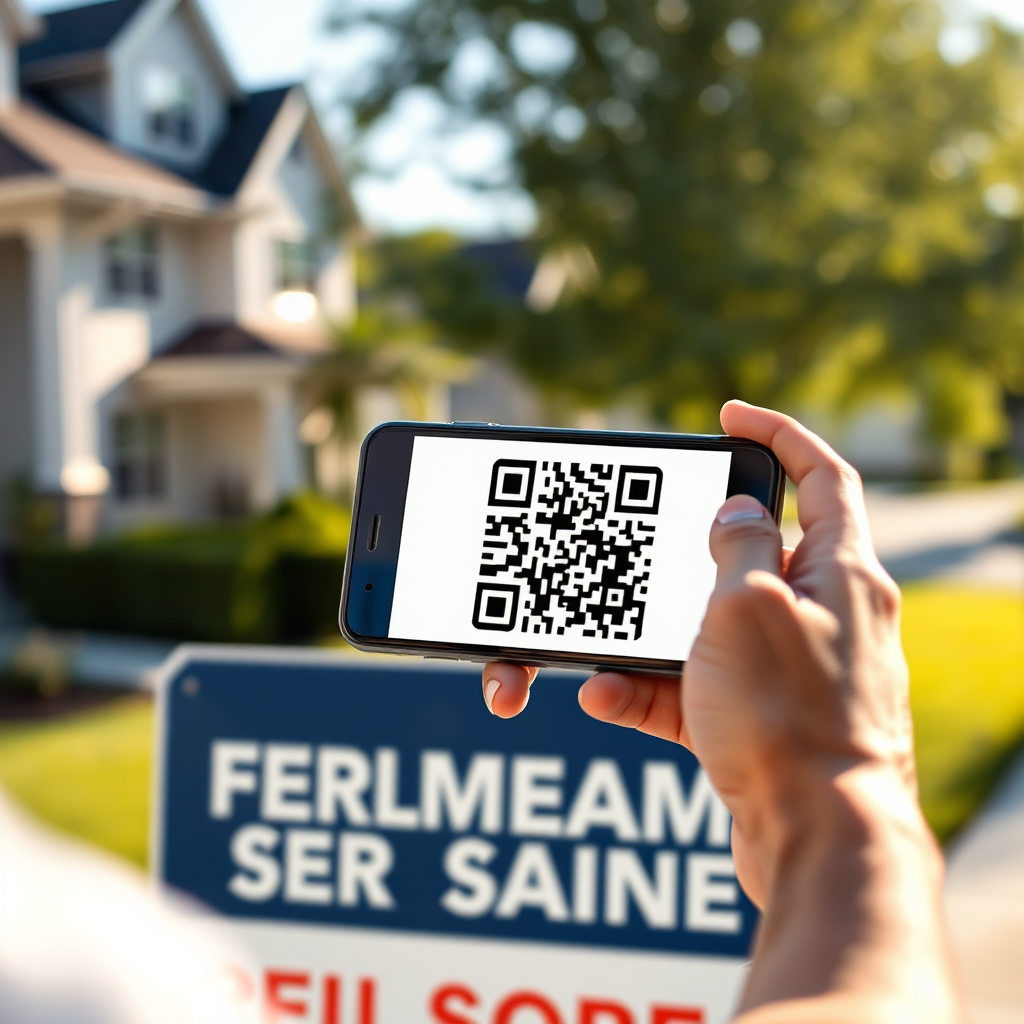 A smartphone scanning an artistic QR code on a premium real estate sign or brochure