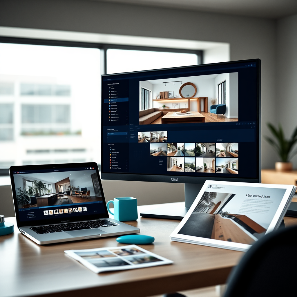 A premium real-estate marketing workspace with 4K editing, listing photos, and brand materials