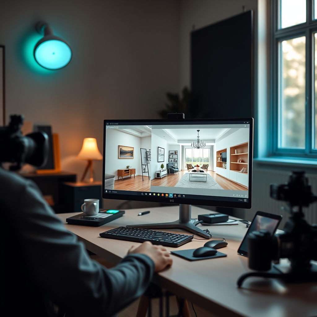 A professional editing workspace with calibrated monitor showing real estate photo enhancements