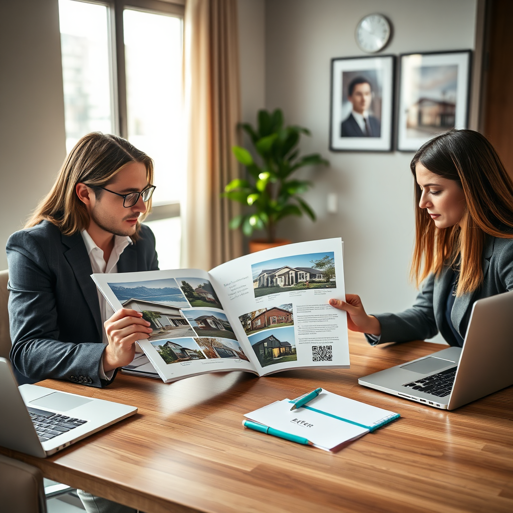 A real estate office scene with edited listing images and QR mockups laid out as a marketing toolkit