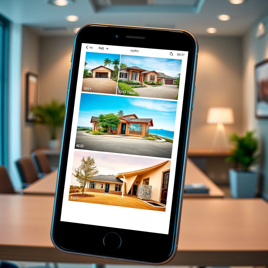 Showcase a collection of visually striking property photos displayed elegantly on a app, with qr codes leading to virtual tours beside each image. The setting should be an appealing office environment, with soft lighting focusing on the images and a tech-savvy feel. Use a balanced color palette of light blues and whites to inspire trust and professionalism. Capture this in high resolution, creating a polished presentation that aligns with luxury real estate marketing.
