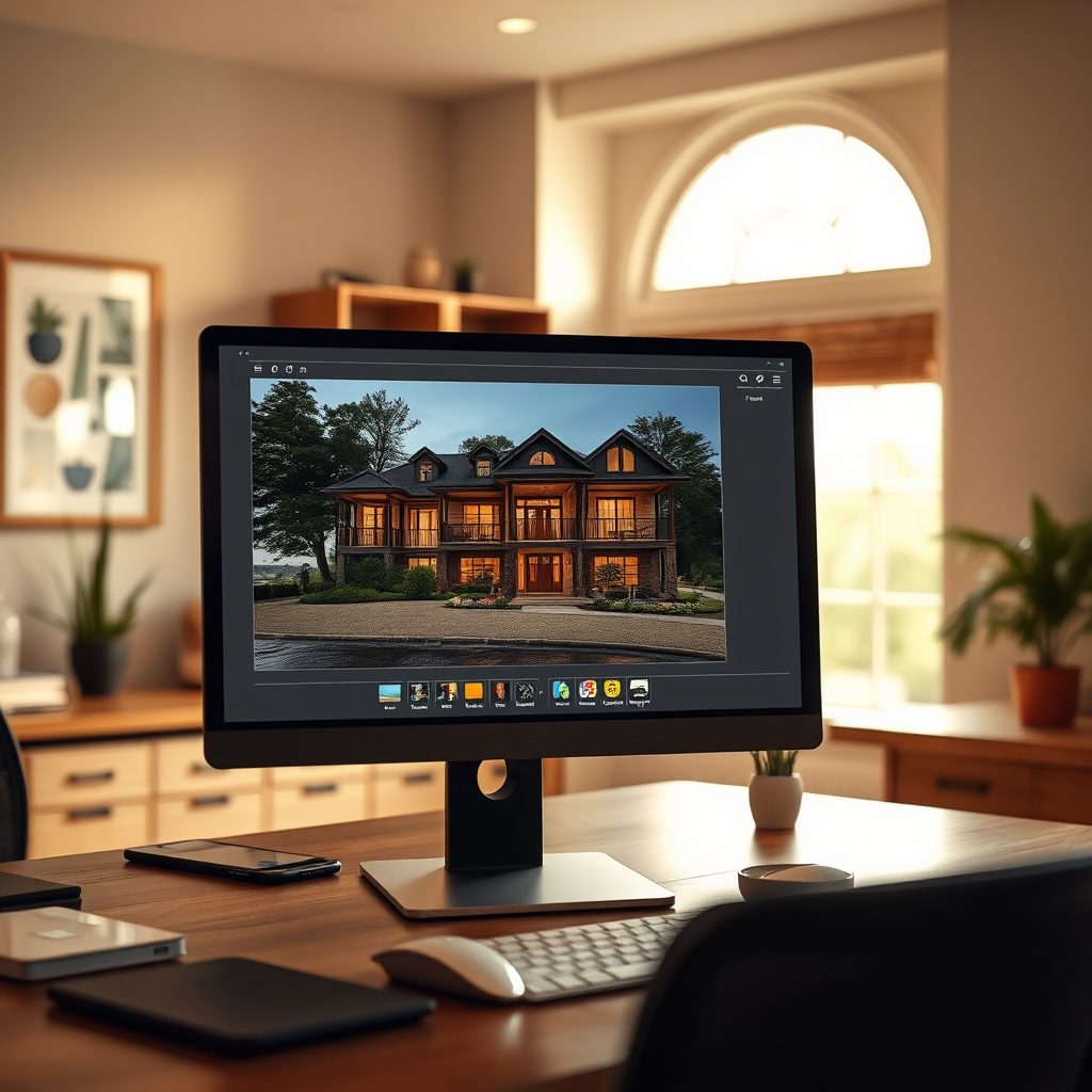 Visualize a close-up of a stunning property feature being enhanced digitally on a computer screen, with a soft-focused background of a real estate office. The lighting should be warm and inviting, emphasizing the workspace. Use rich tones that complement the room and hint at the professional editing capabilities. The image should capture the essence of transformation, with a blend of real and digital elements, ensuring a high-quality, photorealistic appearance.