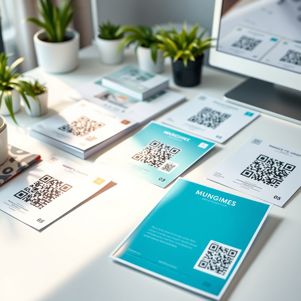 Visualize a satisfying organizational scene of neatly arranged marketing materials (brochures, flyers) with QR codes, laid out on a clean desk. The lighting should be bright and focused, emphasizing the clarity of each material. Incorporate plants or decorative elements to create a welcoming vibe. Capture this in high resolution, showcasing the aesthetics of professionalism and the ease of managing marketing materials effectively.