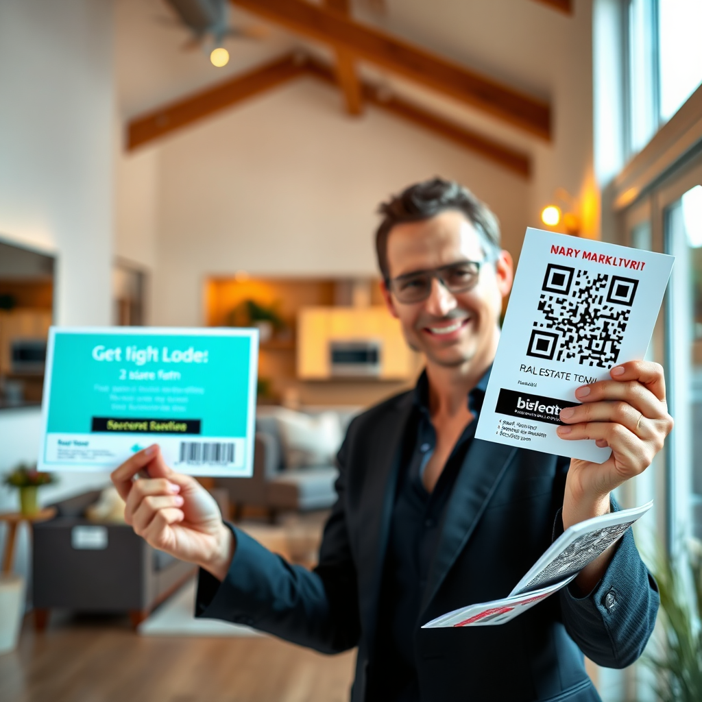 Visualize a technologically advanced approach, featuring a real estate agent presenting a listing with integrated QR codes on signs and brochures, in a modern open house setting. The lighting should be bright and inviting, showcasing the home’s interior in a friendly tone. Add subtle shadows and reflections to enhance realism. The image should convey a blend of in-person and digital marketing, showcasing the effectiveness of QR codes in real estate sales through an inviting atmosphere.