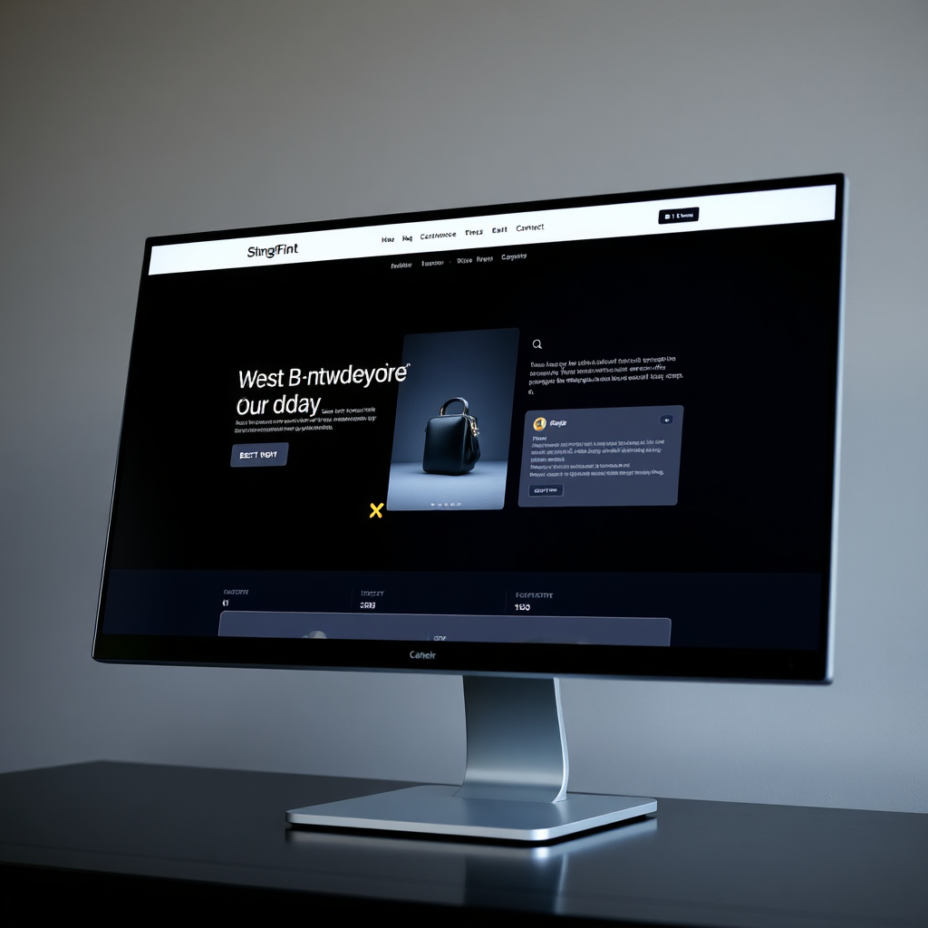  A beautifully designed e-commerce website displayed on a high-resolution monitor, focusing on a product page with dark, elegant aesthetics. The product stands out, and the layout conveys sophistication and easy navigation.
