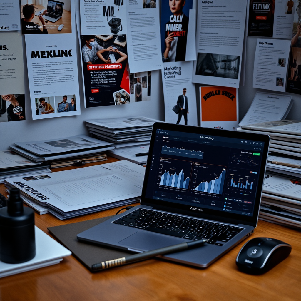  A busy workspace with marketing materials and a laptop displaying analytics and marketing dashboards in dark mode. The combination of design and strategy reflects an effective e-commerce environment.