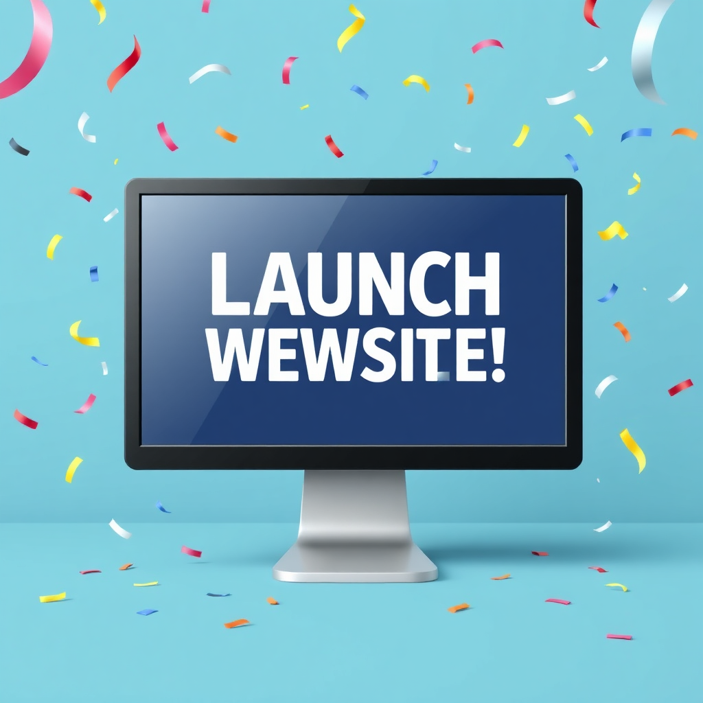 A celebratory launch event concept image, showing a computer screen proudly displaying the new website. Confetti and festivities in the background enhance the excitement of the project going live.