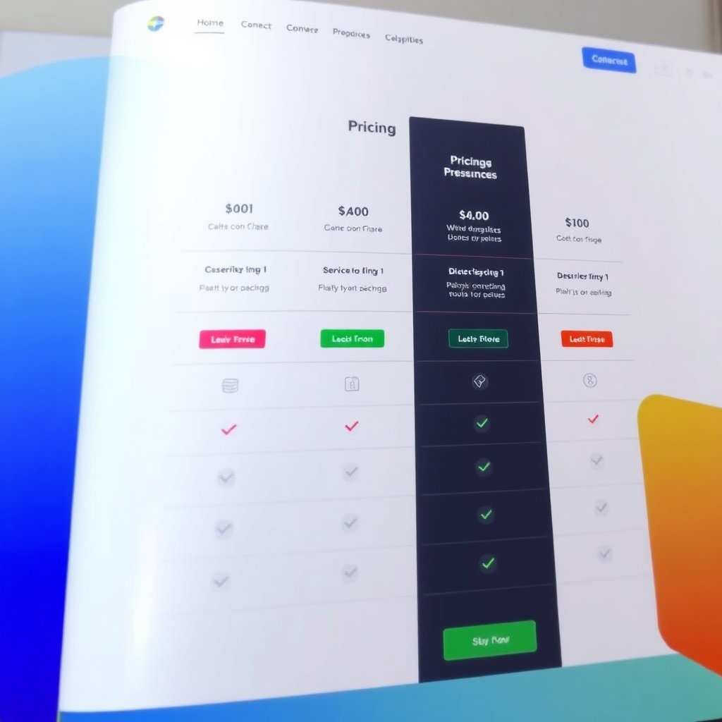 A clean and appealing pricing table displayed on a website, featuring various packages. Use color codes to differentiate between plans, with icons representing each service included.