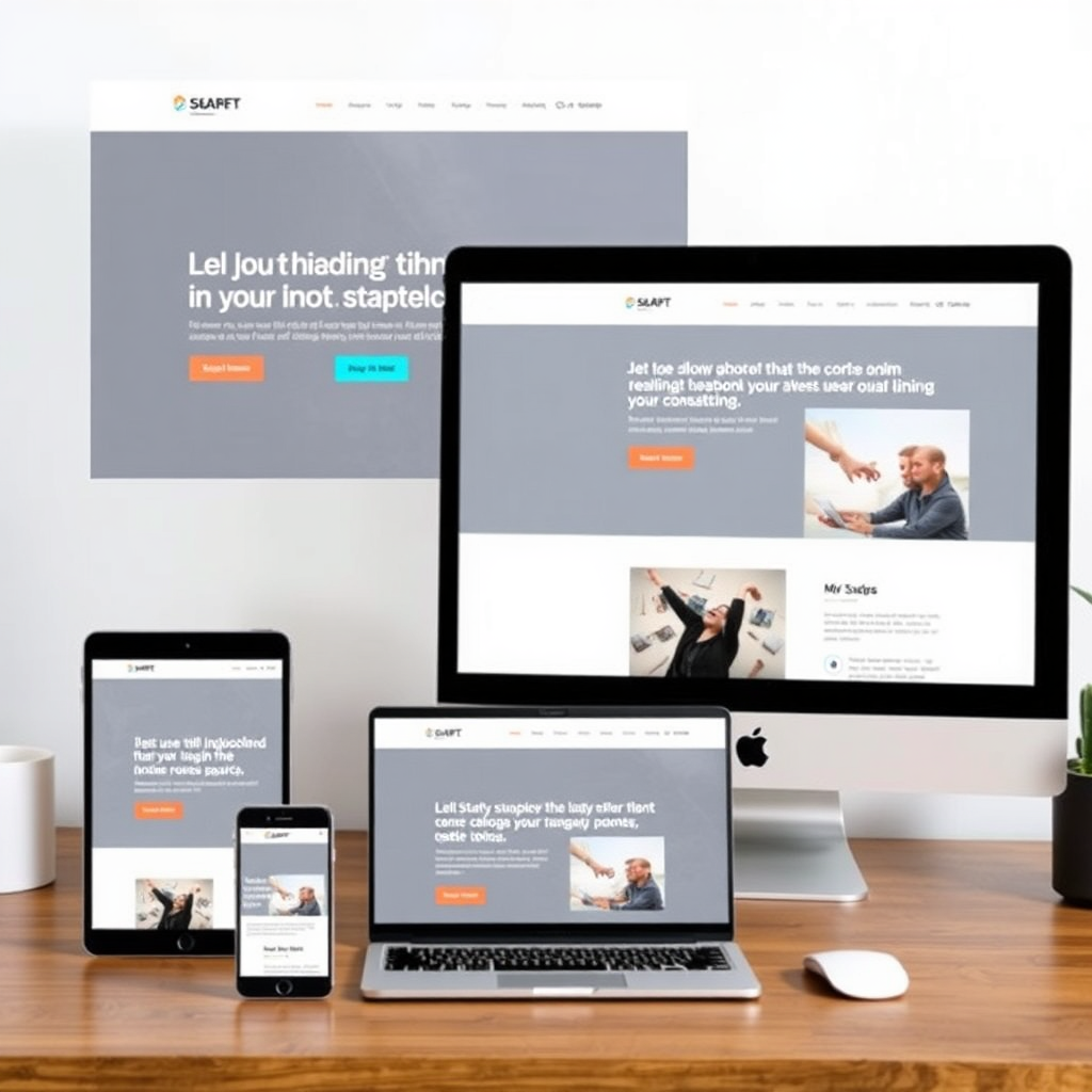 A clean, minimalistic website layout displayed on various devices, conveying a modern design approach. Use bright colors and attractive fonts to highlight the aesthetics that engage users but still maintain usability.
