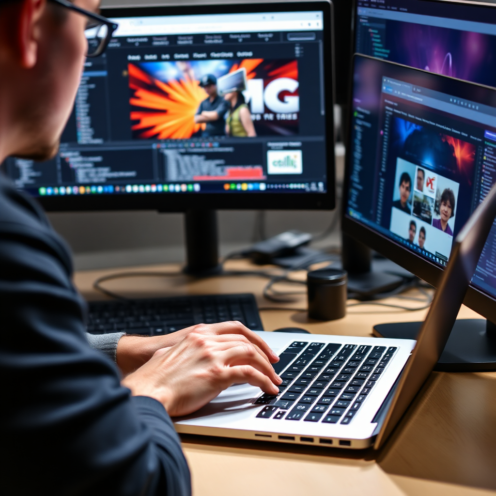  A close-up of a web developer coding on a laptop with multiple screens showing live website previews. The focus is on their concentration and expertise, with modern tech elements incorporated.